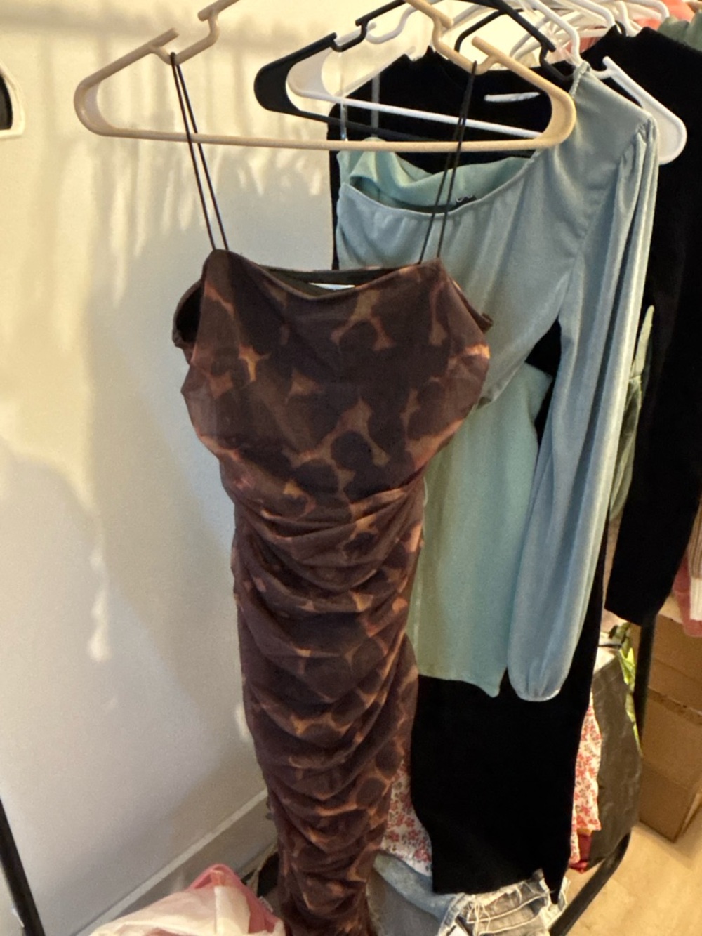 Strapless Ruched Maxi Dress in Brown Abstract Print